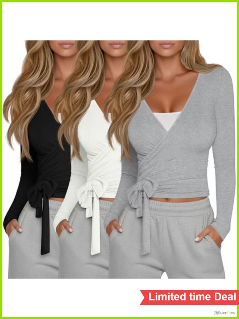 3 Pack Womens Pilates Wrap Tops Ballet Tie Long Sleeve Workout Shirts